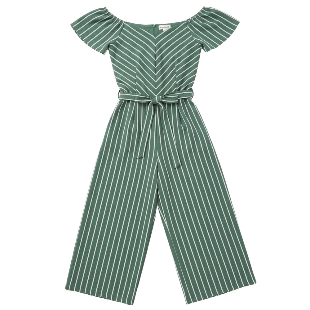 Monteau Womens Green Striped Off Shoulder Wide Leg Jumpsuit‎ Size S Belted Lined